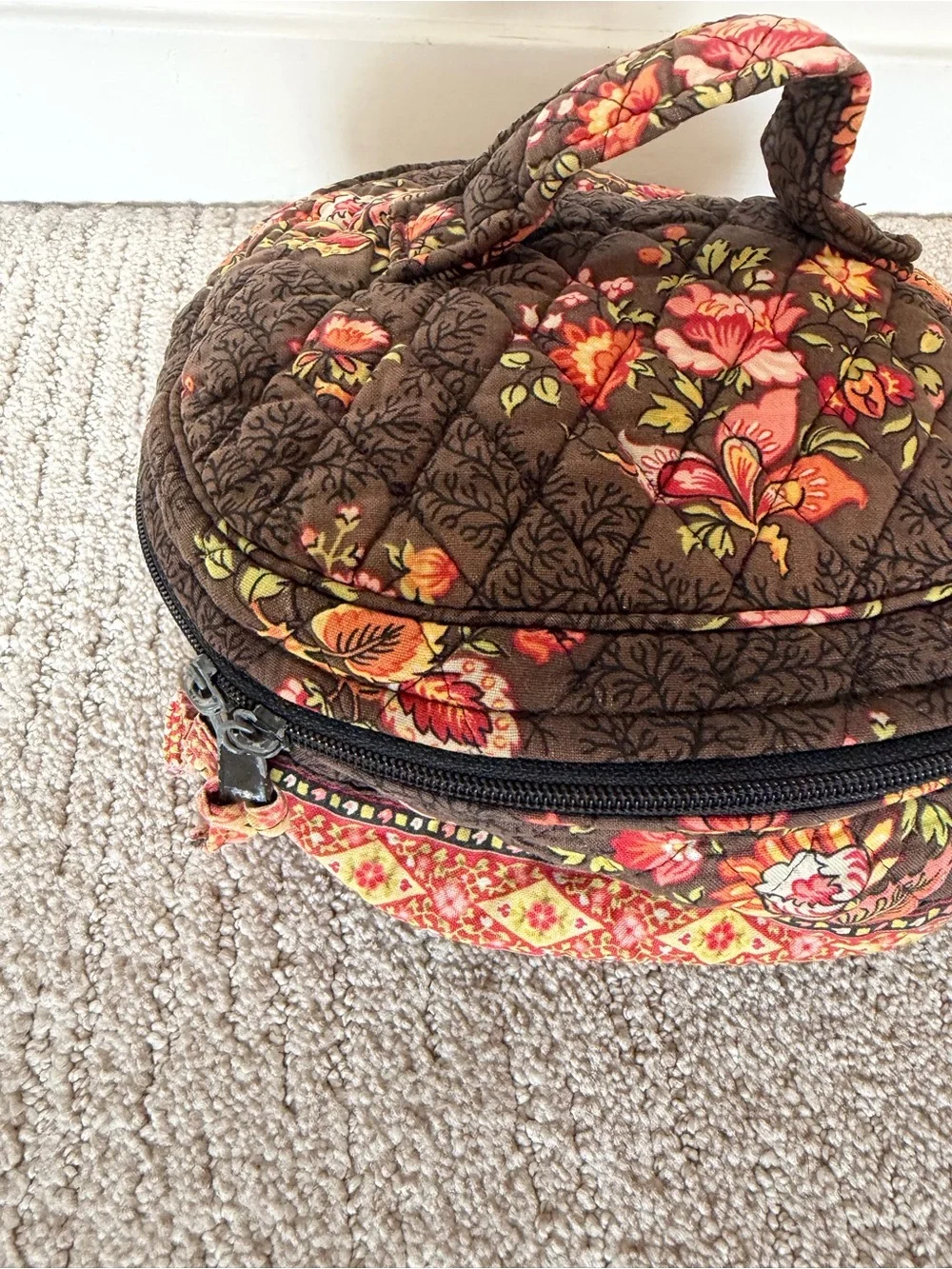 VERA BRADLEY Vintage Quilted Floral Brown Cosmetic Makeup Bag
